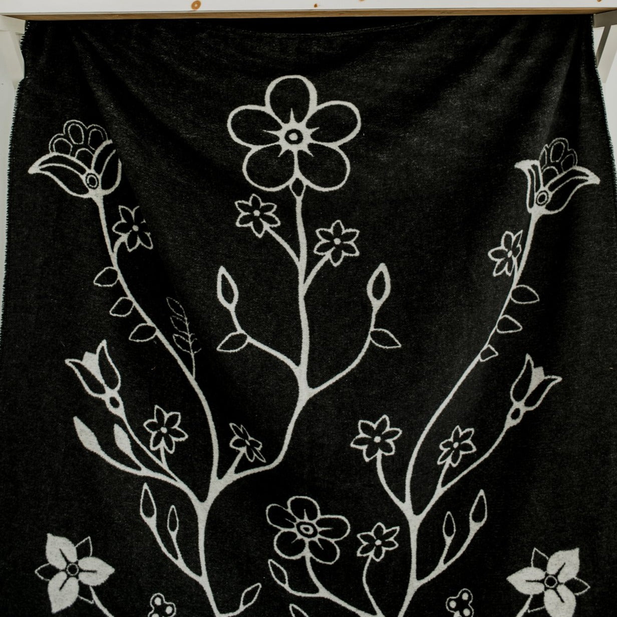 Black and White Woodland Floral Panel Blanket